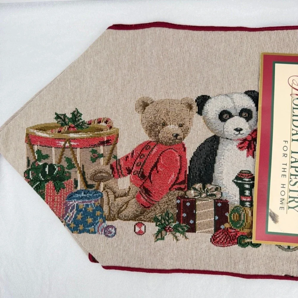 Natco Holiday Tapestry Table Runner Bears Tassels Christmas Decor 13x36 NEW